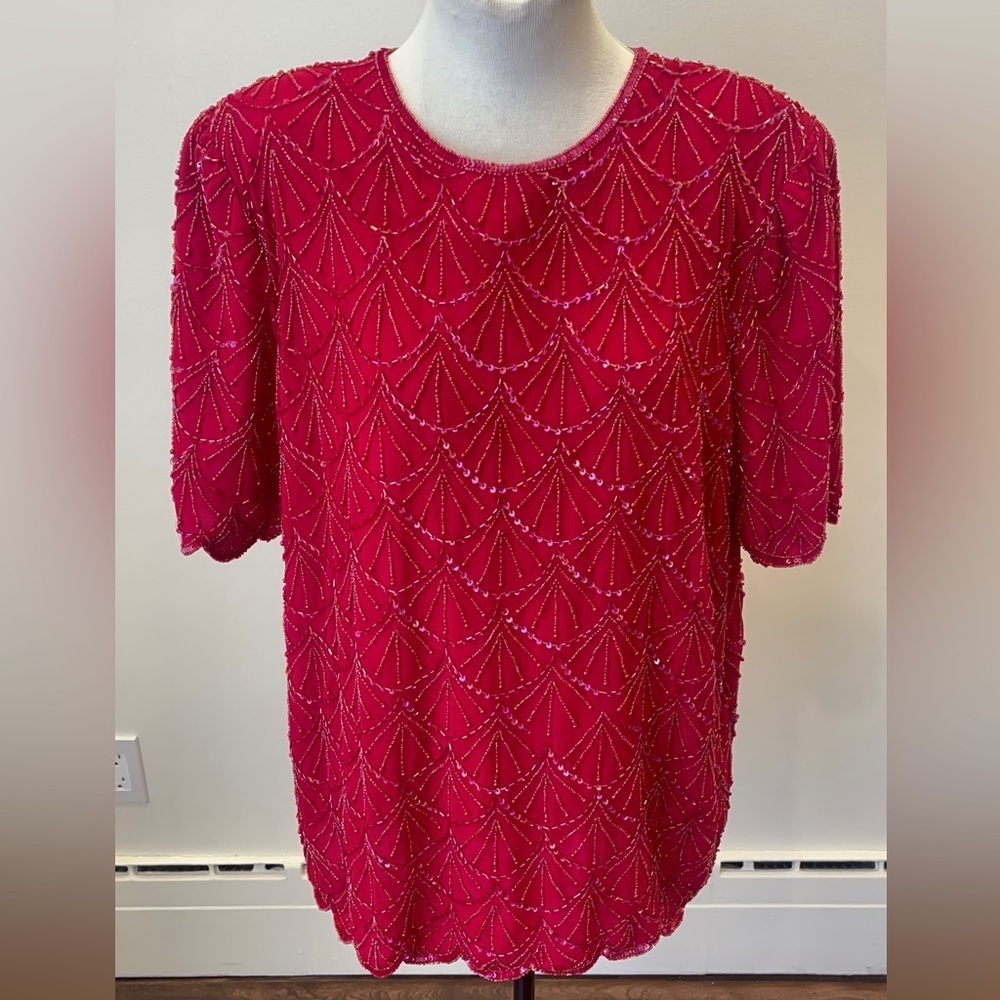 Michel Antoni  Woman’s Red Jewel Crew Neck Scalloped Beaded Top - Size 2x